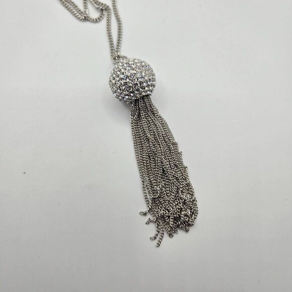 TCS Touchstone Crystal Swarovski 30 Inch Necklace Silver Tone Tassel Ball - Picture 2 of 4